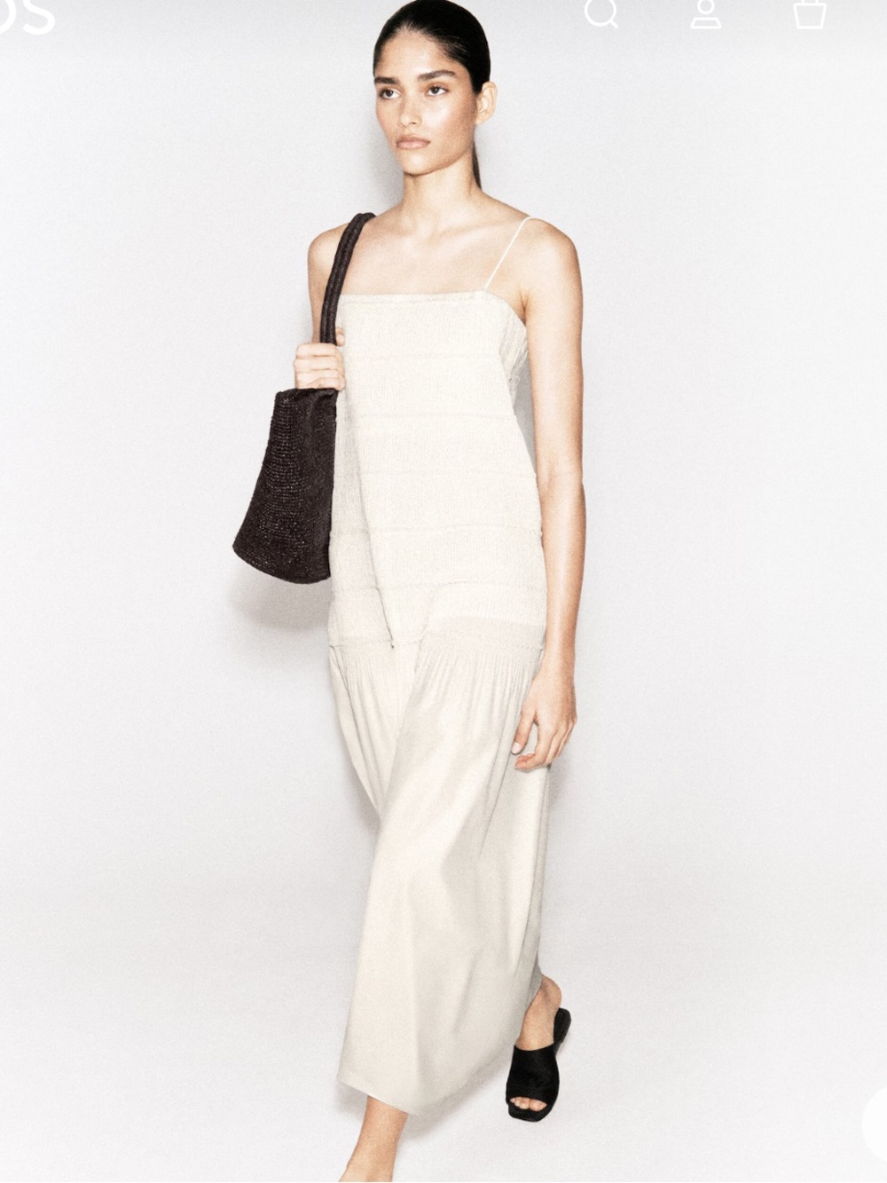Ruched Dropped-Waist Poplin Midi Dress Cream 100% Cotton Lining - Picture 3 of 6